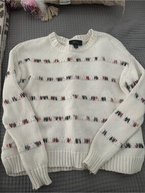 BCX Cream Crewneck Sweater with Multicolor Stitch Detail